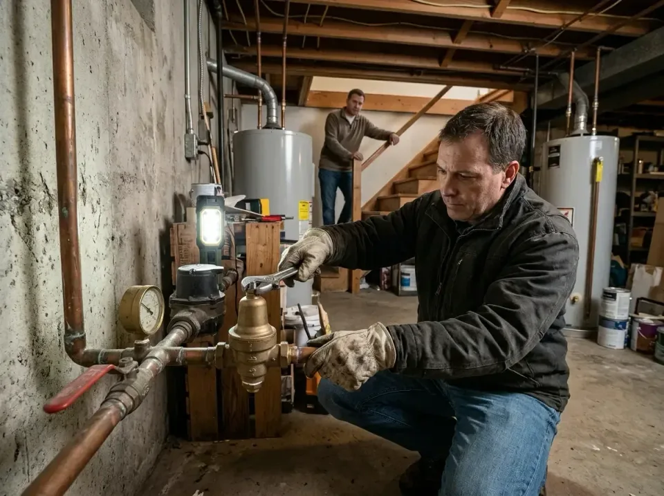 Plumber — Basement — Plumber, Assistant, Wrench, Basement, Low Water Pressure Repair